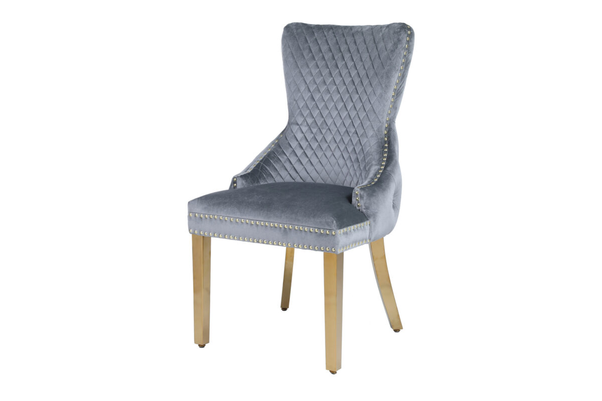 Victoria Grey Gold Dining Chair with lion Knocker side