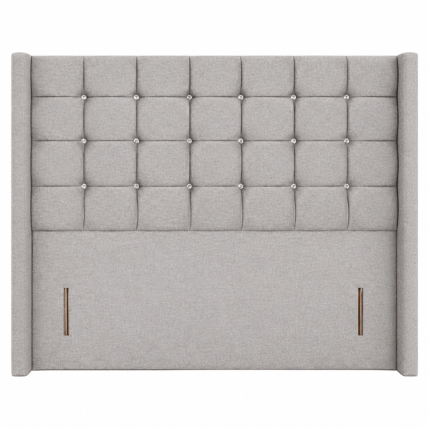Light grey Aries Wing floor standing headboard with square tufting, crystal-style buttons and side wings