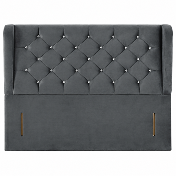 Dark grey Chesterfield Wing floor standing headboard with diamond tufting and crystal-style buttons