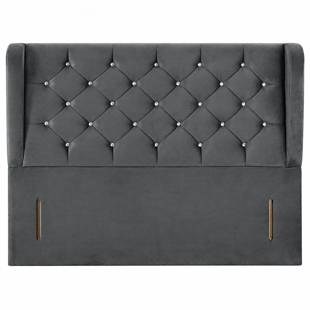 Chesterfield Wing Floor Standing Headboard Grey Dark grey Chesterfield Wing floor standing headboard with diamond tufting and crystal-style buttons