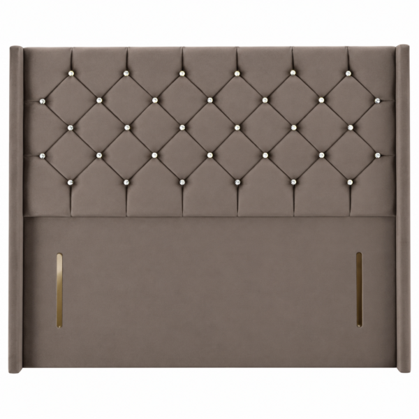 Taupe Chesterfield Wing floor standing headboard with diamond tufting and crystal-style buttons