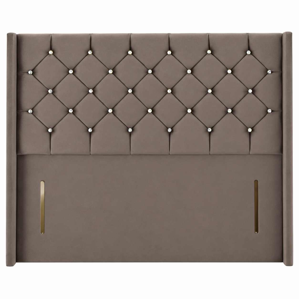 Chesterfield Wing Floor Standing Headboard Taupe Taupe Chesterfield Wing floor standing headboard with diamond tufting and crystal-style buttons