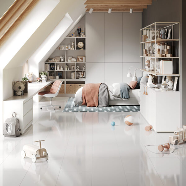 Falquon Stone White Tile High Gloss 8mm laminate flooring in a modern room