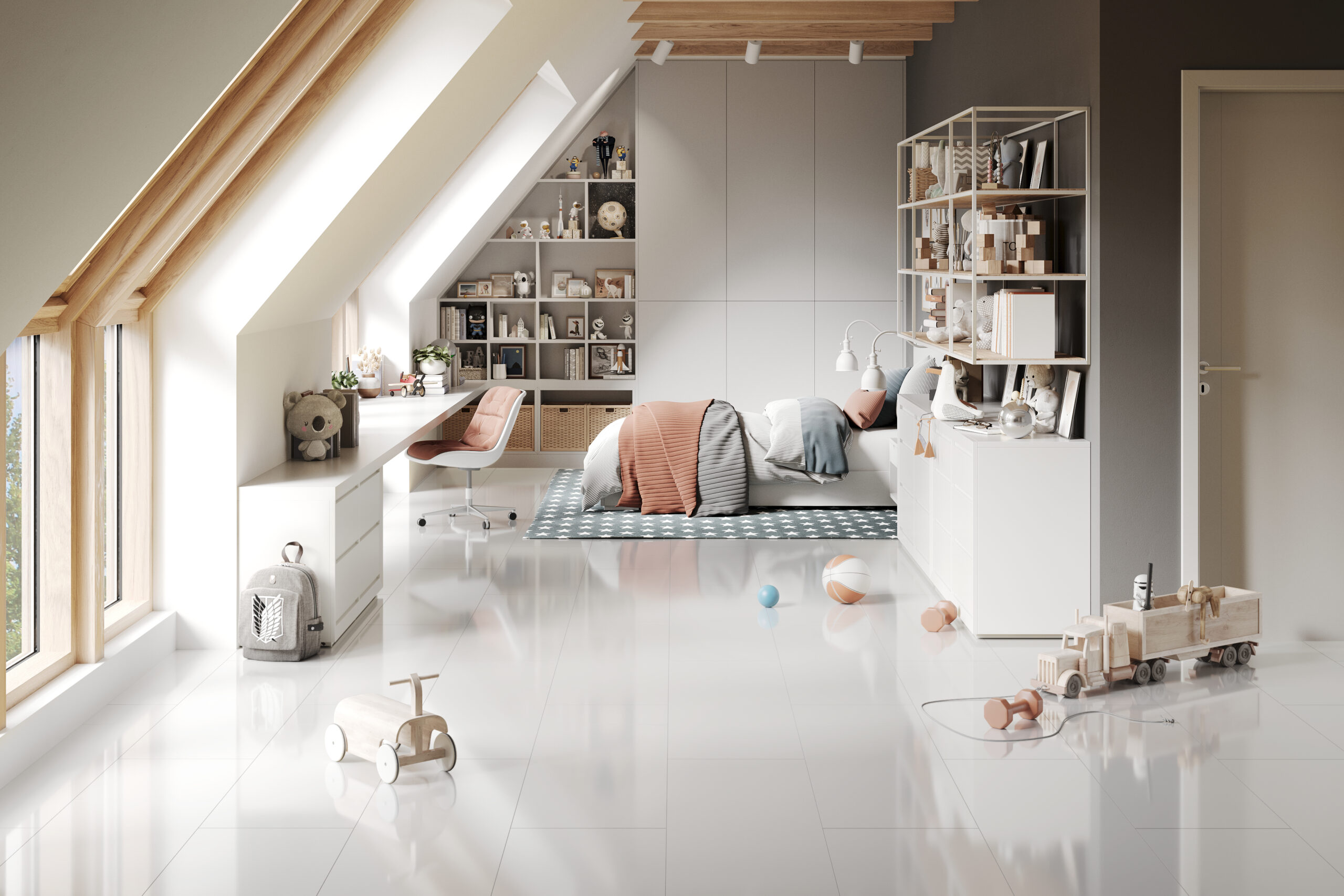 Falquon Stone White high gloss laminate room scene Falquon Stone White Tile High Gloss 8mm laminate flooring in a modern room