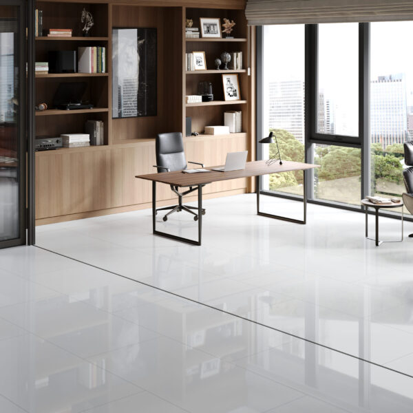 Falquon Stone White Tile High Gloss 8mm laminate flooring in a bright interior