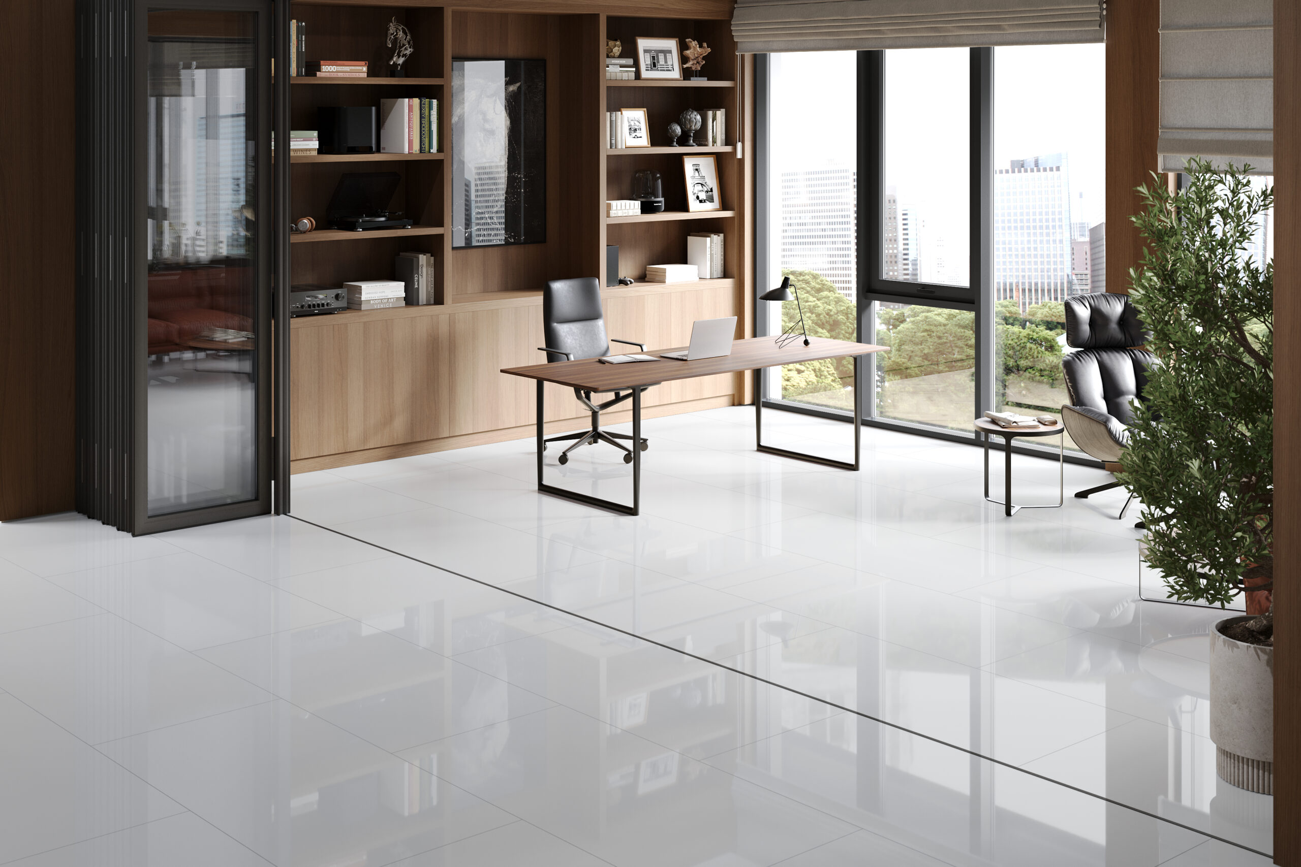 Falquon Stone White high gloss laminate room scene 2 Falquon Stone White Tile High Gloss 8mm laminate flooring in a bright interior