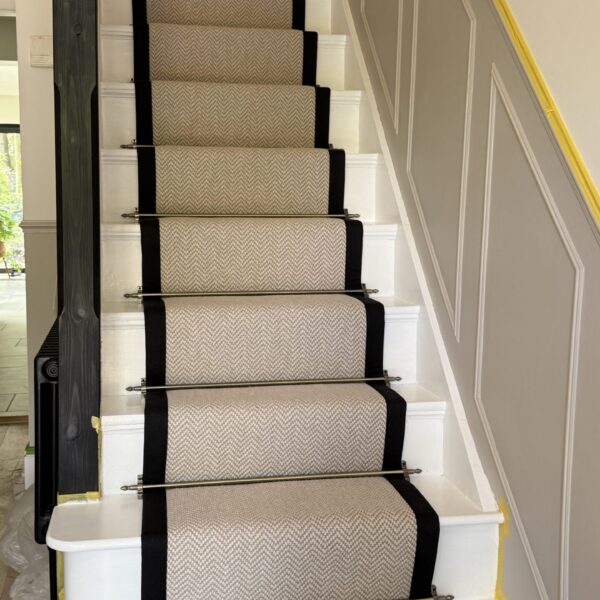 Fibre Herringbone Chalk stair runner with black binding and stair rods in Quinton