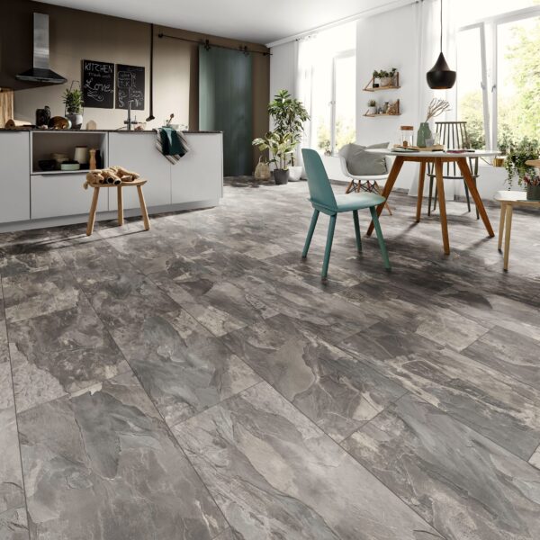 Organic Classic Silverado Slate 8mm tile-effect laminate flooring in an open-plan kitchen