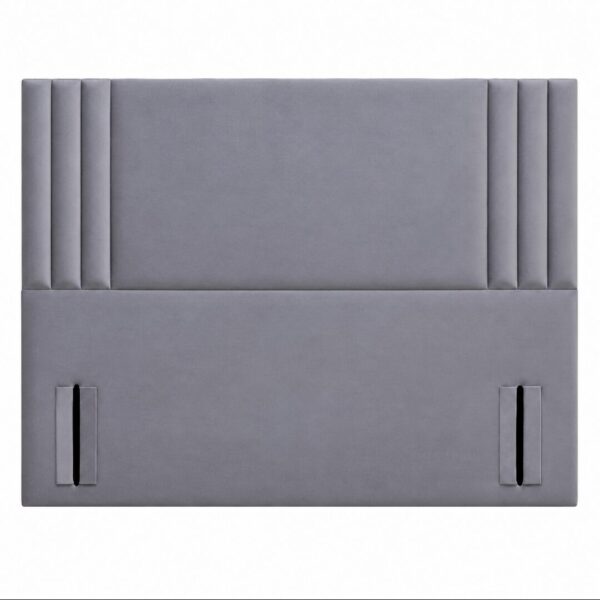 Grey Rio floor standing upholstered headboard with a plain centre and three narrow panels at each end