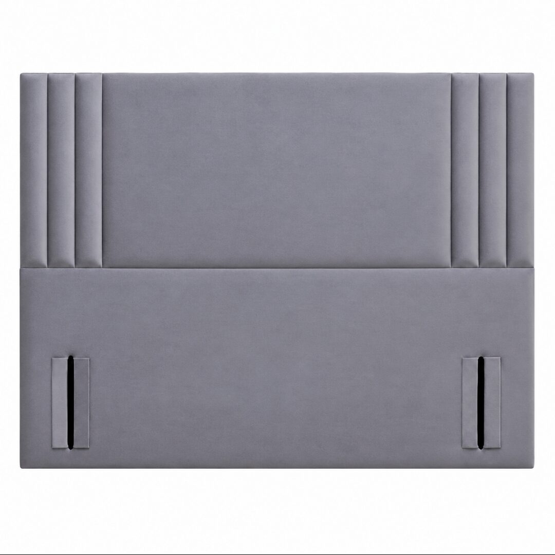 Rio Floor Standing Headboard Grey Rio floor standing upholstered headboard with a plain centre and three narrow panels at each end