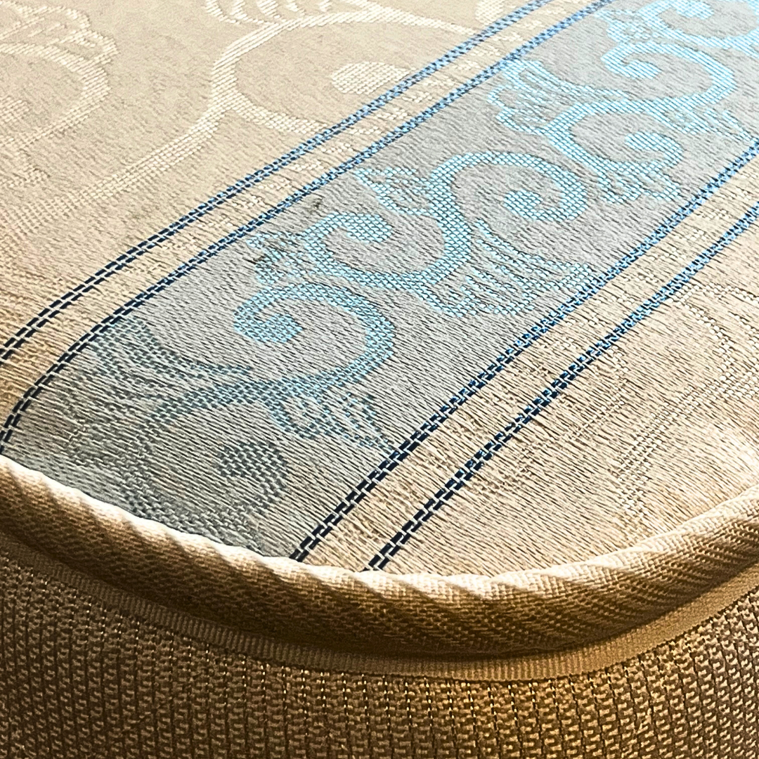 Super Ortho Mattress Fabric Super Ortho mattress blue and cream patterned fabric close-up